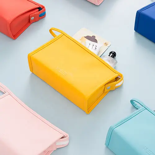 Solid Color Briefcase Style Luxury Waterproof Toiletry Bag Portable Hand PU Pink Cosmetic Bag